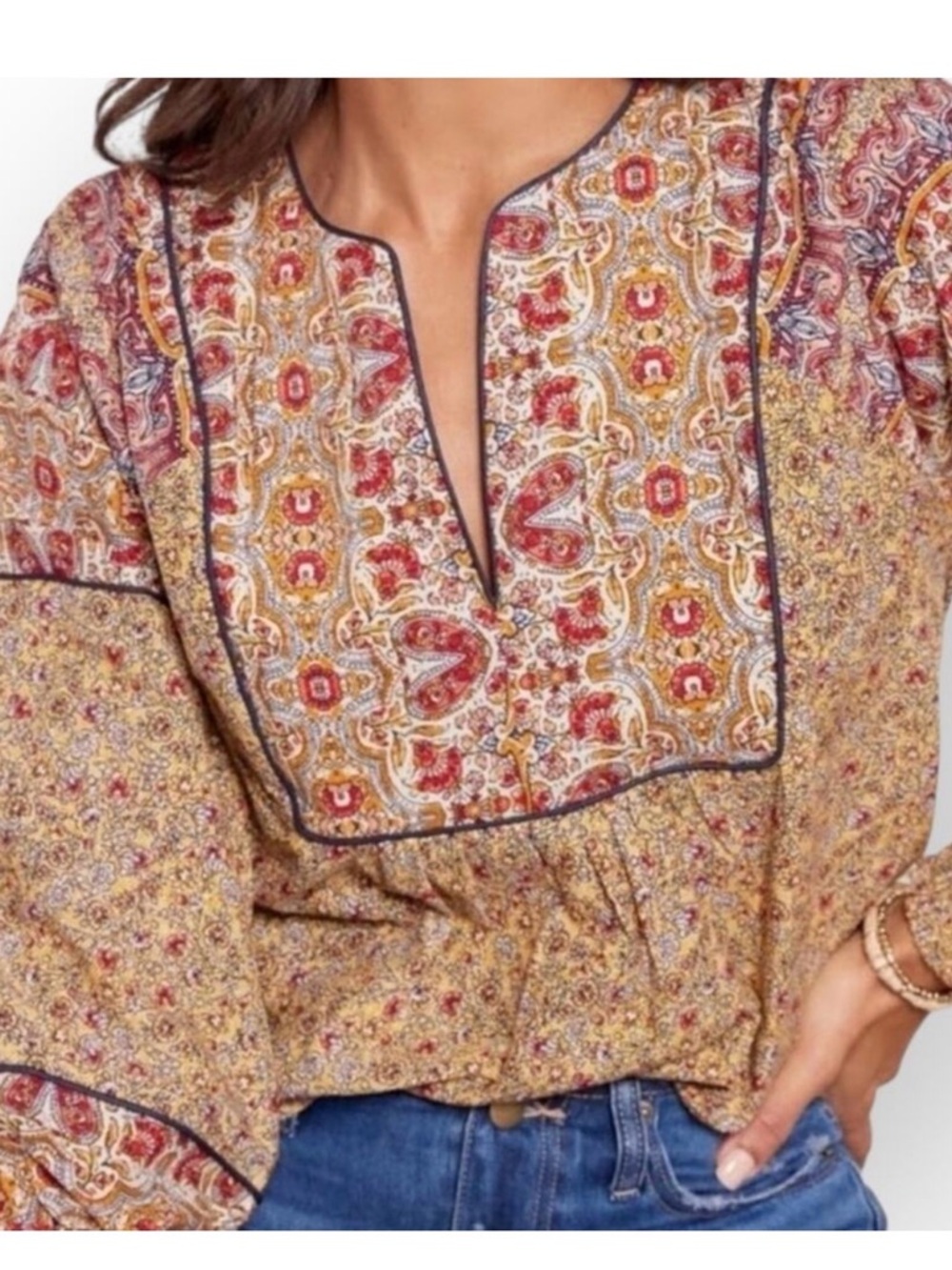 Evereve Paisley Split-Neck Blouse in Mustard & Red Women Large Boho Feminine